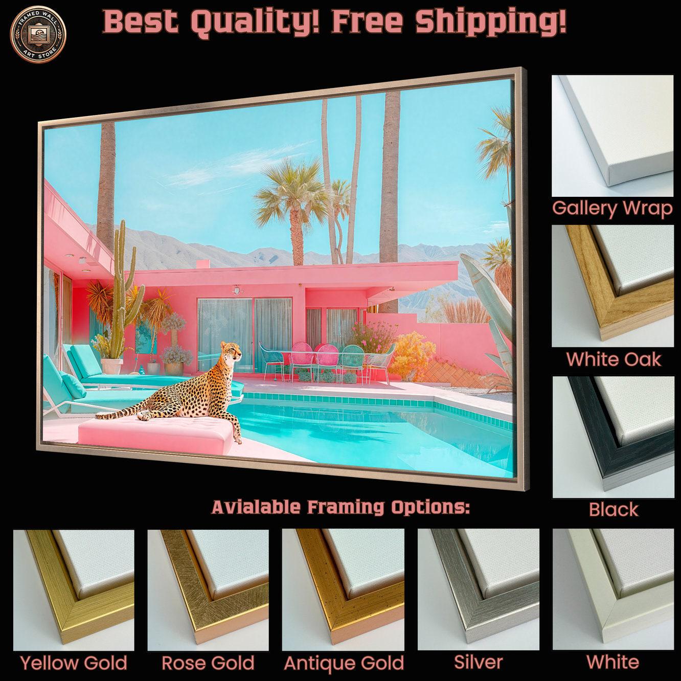 Cheetah by the Pool Framed Canvas Wall Art Palm Springs Pink House Print Mid Century Modern Wall Decor Large Chic Retro Poster Ready to Hang