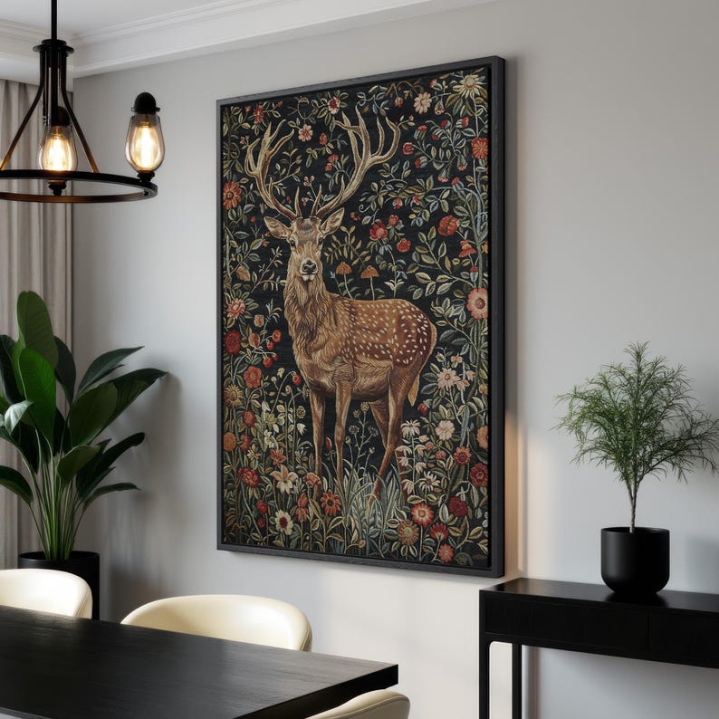 Majestic Stag in Stunning Flowers - Framed Canvas Print, Bohemian Floral Canvas Wall Art, Elegant Deer - Wildlife Wall Decor, Ready to Hang Black Frame