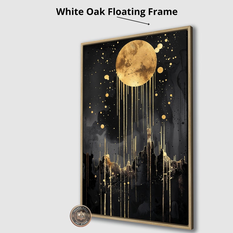 Abstract Gold Moon Framed Canvas Print Black Night Sky Canvas Wall Art ...