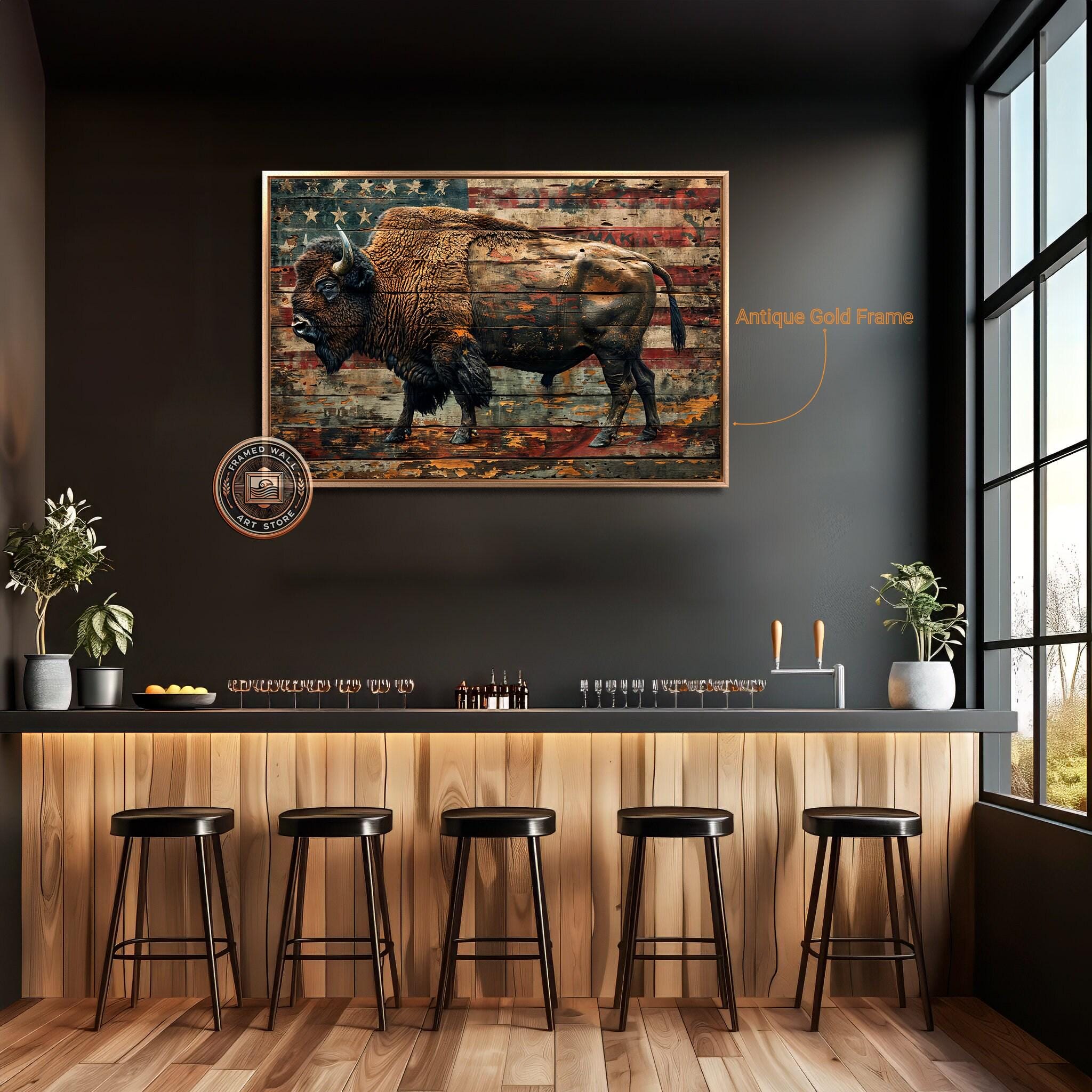 American Bison in Rustic Style Framed Canvas Wall Art Patriotic ...