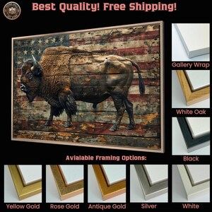 American Bison in Rustic Style Framed Canvas Wall Art Patriotic ...