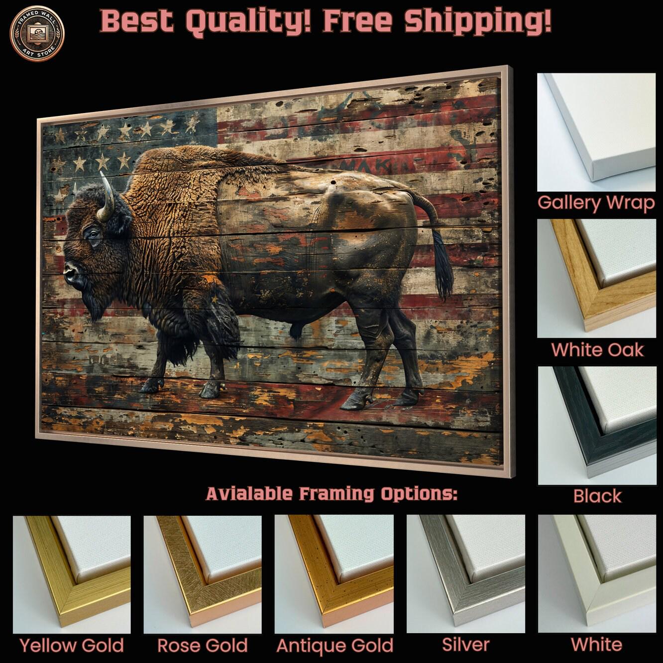 American Bison in Rustic Style Framed Canvas Wall Art Patriotic ...