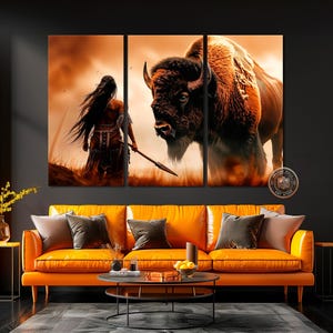 Powerful Warrior and Buffalo Framed Canvas Wall Art Native American Art Print Inspirational Wall Decor Bison Large Poster Ready to Hang Gift Gallery Wrap 3 Panel