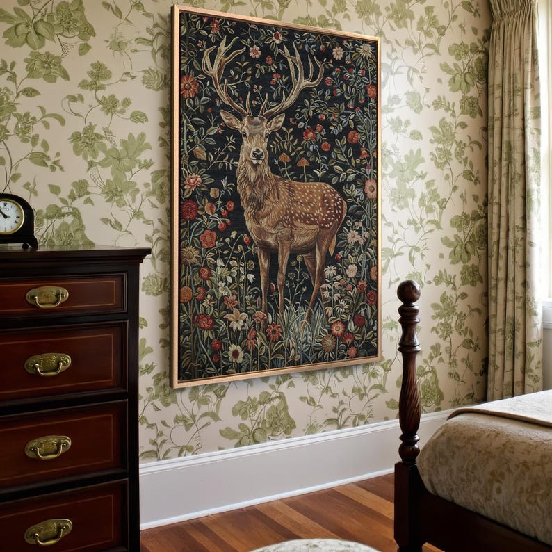 Majestic Stag in Stunning Flowers - Framed Canvas Print, Bohemian Floral Canvas Wall Art, Elegant Deer - Wildlife Wall Decor, Ready to Hang Antique Gold Frame