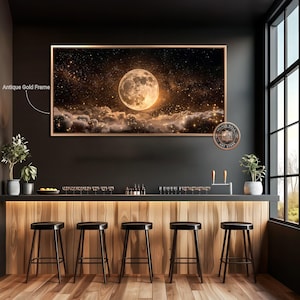 Luna llena en cielo estrellado nocturno, lienzo enmarcado, arte de pared, impresión enmarcada grande celestial, decoración de pared espacial, nubes oscuras, obra de arte ancha lista para colgar Antique Gold Frame