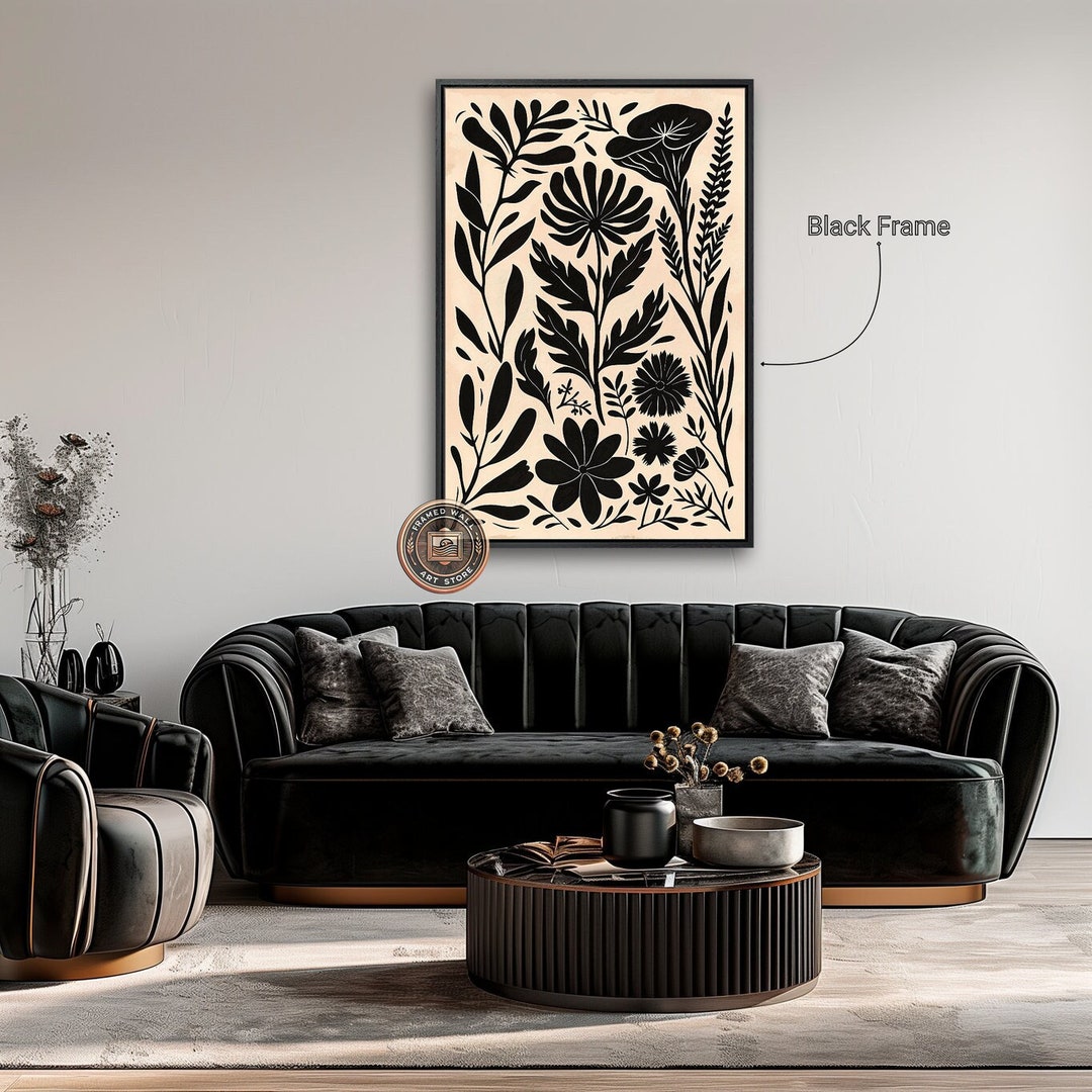 Black and White Botanical Framed Canvas Wall Art Modern Floral Print ...