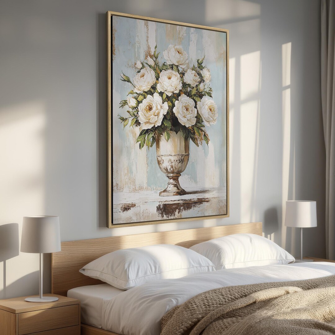 Romantic White Roses Bouquet in Vase - Framed Canvas Print, Flower ...