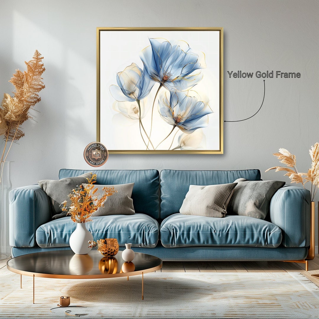 Elegant Blue Flowers Framed Canvas Wall Art Delicate Blooms Art Print ...