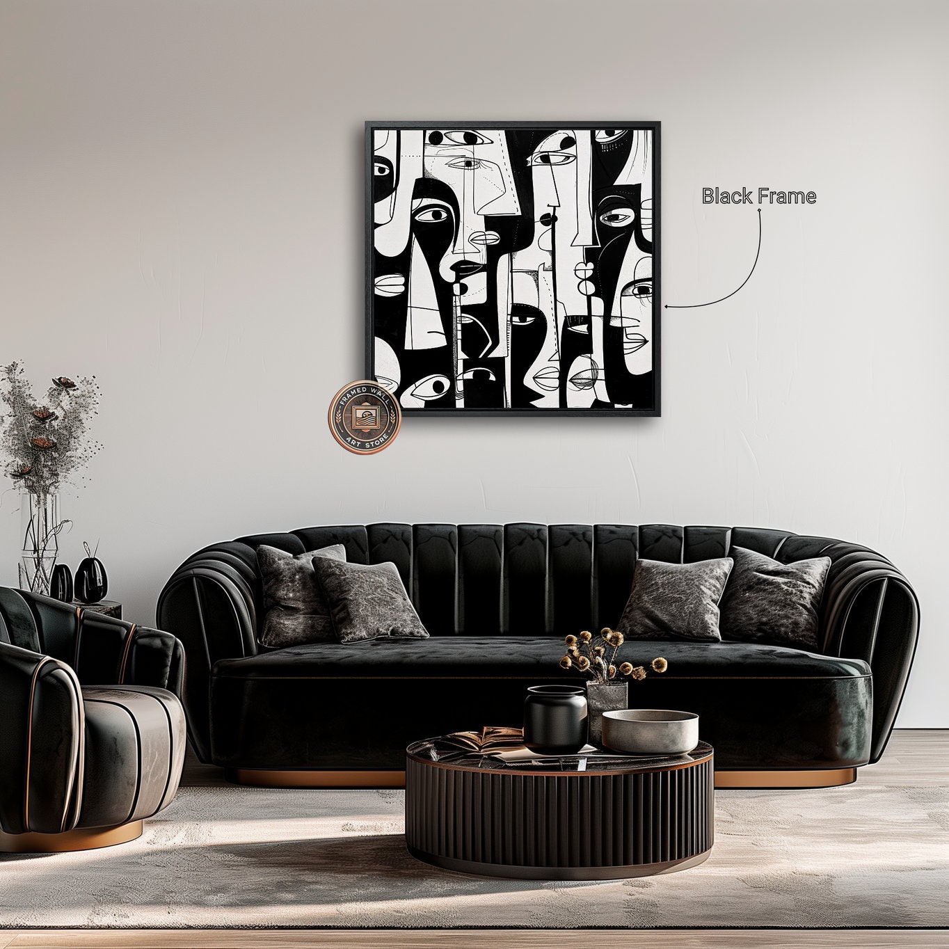 Black and White Abstract Faces Framed Canvas Print Geometric Shapes ...