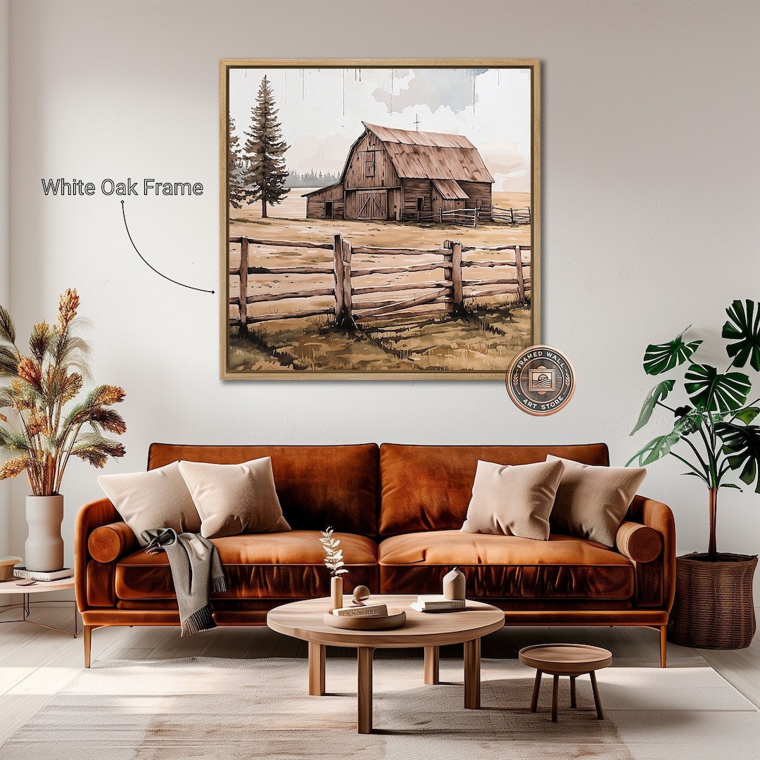 Rustic Canvas Rustic Wooden Barn Framed Canvas Wall Art Rural Landscape Watercolor ...
