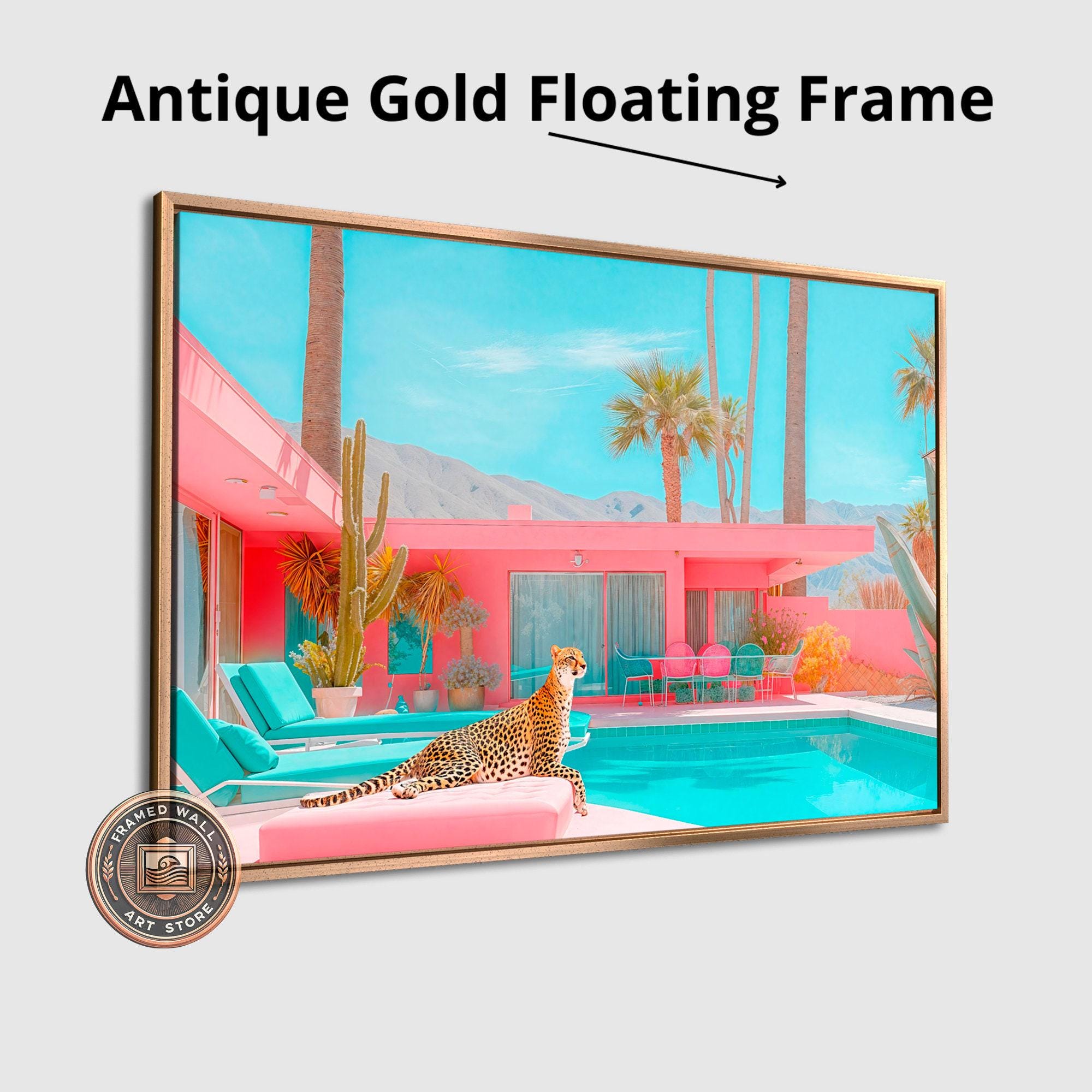 Cheetah by the Pool Framed Canvas Wall Art Palm Springs Pink House Print Mid Century Modern Wall Decor Large Chic Retro Poster Ready to Hang