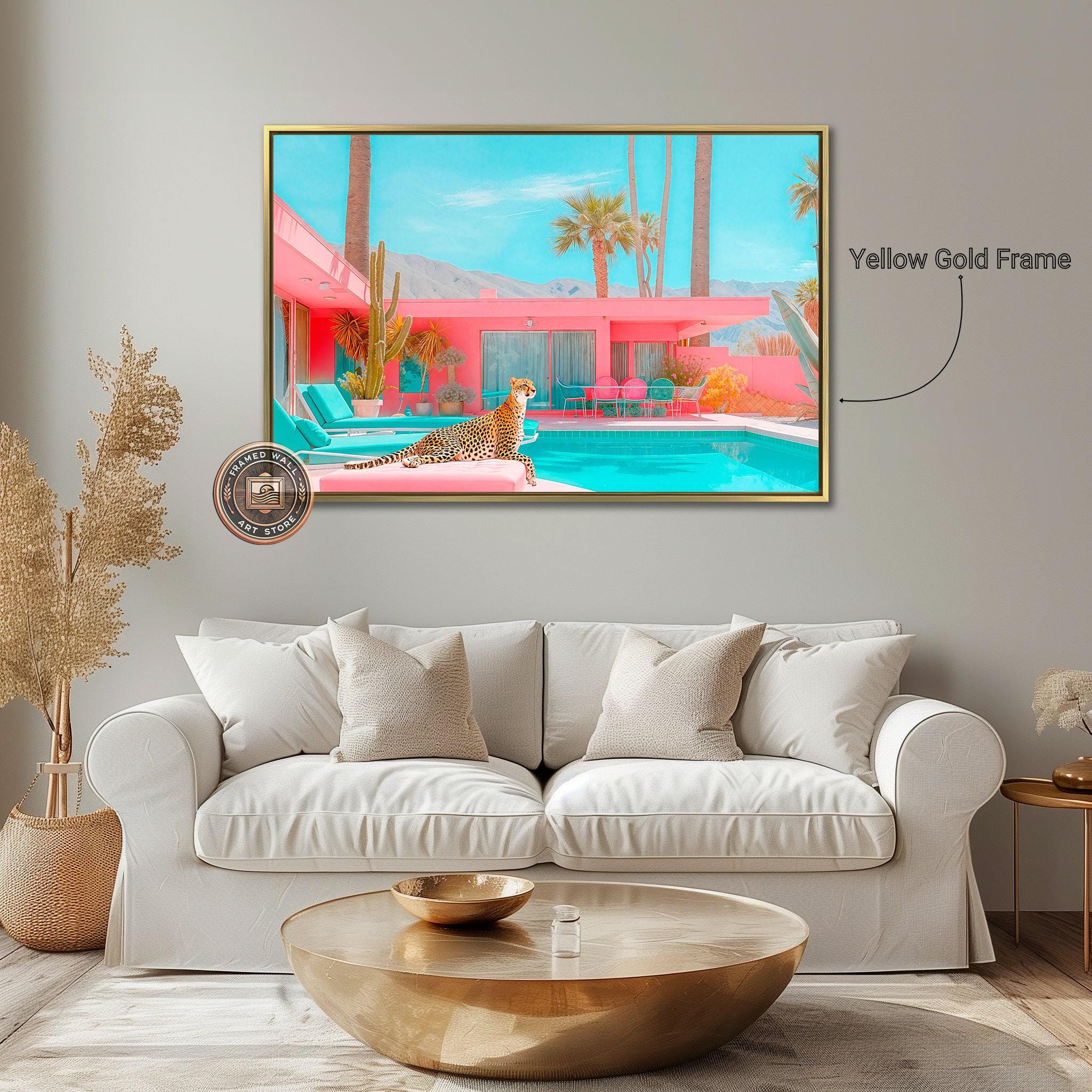 Cheetah by the Pool Framed Canvas Wall Art Palm Springs Pink House Print Mid Century Modern Wall Decor Large Chic Retro Poster Ready to Hang