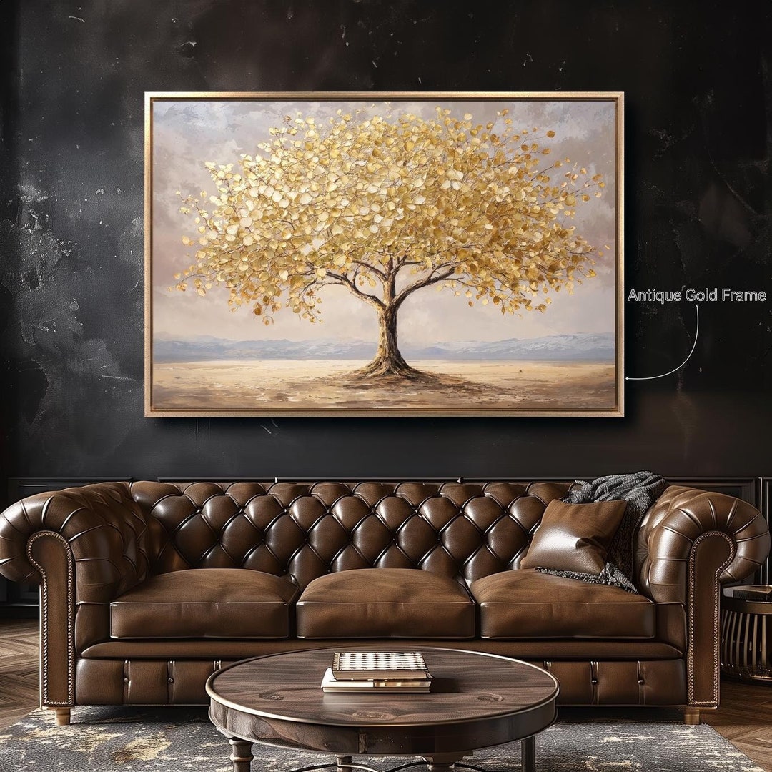 Golden Leaf Tree Framed Canvas Wall Art Modern Landscape Painting Print ...
