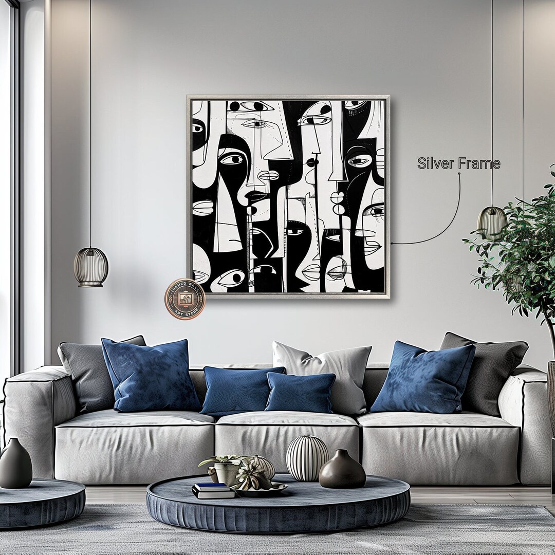 Black and White Abstract Faces Framed Canvas Print Geometric Shapes ...