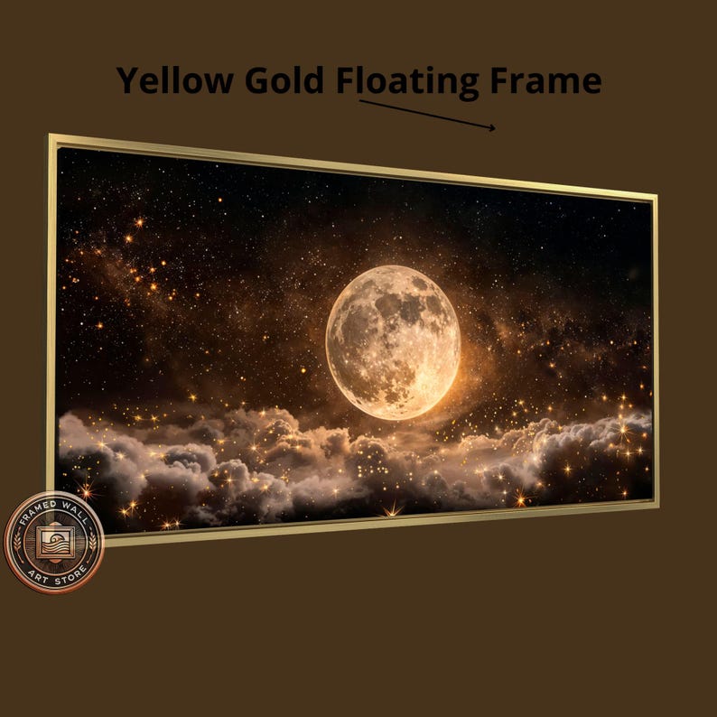 Luna llena en cielo estrellado nocturno, lienzo enmarcado, arte de pared, impresión enmarcada grande celestial, decoración de pared espacial, nubes oscuras, obra de arte ancha lista para colgar Yellow Gold Frame