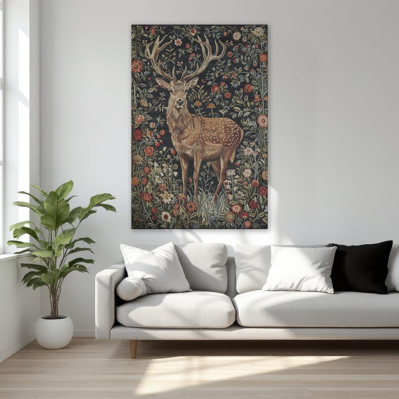 Majestic Stag in Stunning Flowers - Framed Canvas Print, Bohemian Floral Canvas Wall Art, Elegant Deer - Wildlife Wall Decor, Ready to Hang Gallery Wrap 1 Panel