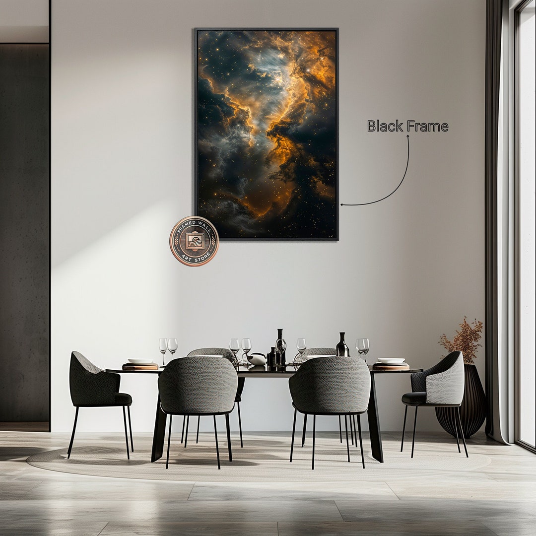 Dark Gold Nebula Framed Canvas Wall Art Abstract Cosmic Galaxy Clouds ...