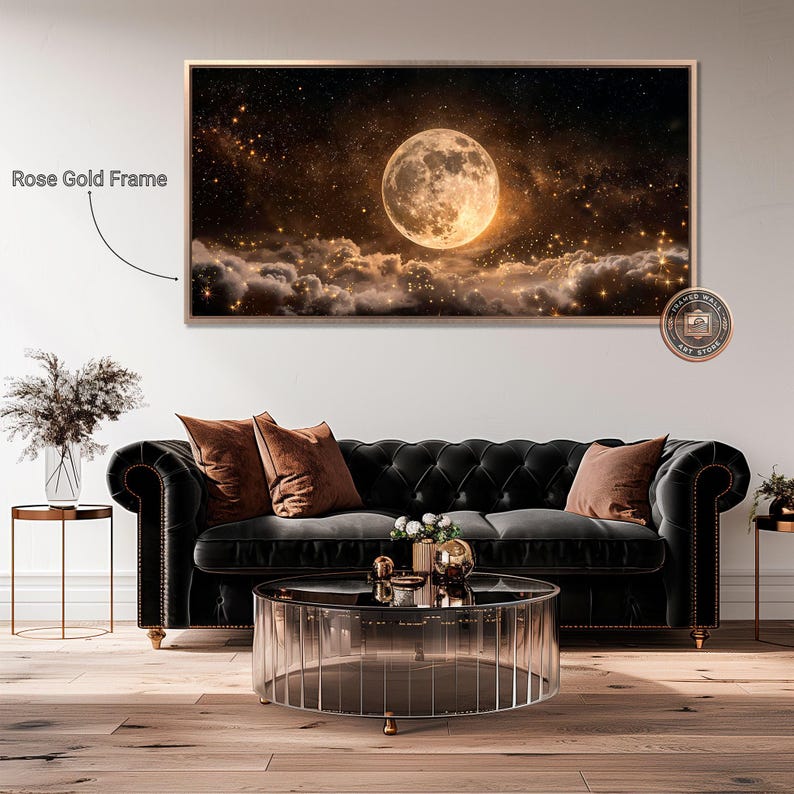 Luna llena en cielo estrellado nocturno, lienzo enmarcado, arte de pared, impresión enmarcada grande celestial, decoración de pared espacial, nubes oscuras, obra de arte ancha lista para colgar Rose Gold Frame