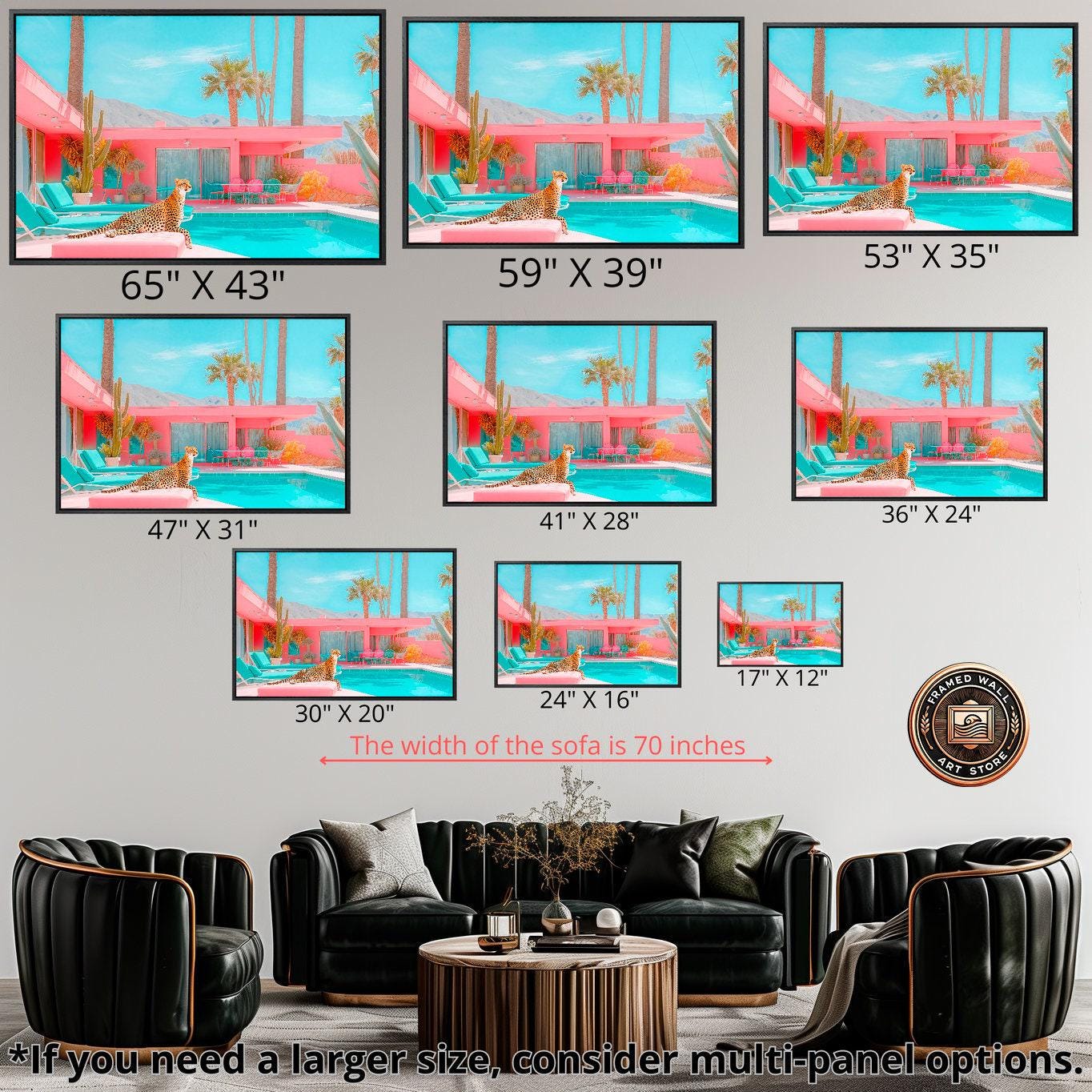 Cheetah by the Pool Framed Canvas Wall Art Palm Springs Pink House Print Mid Century Modern Wall Decor Large Chic Retro Poster Ready to Hang