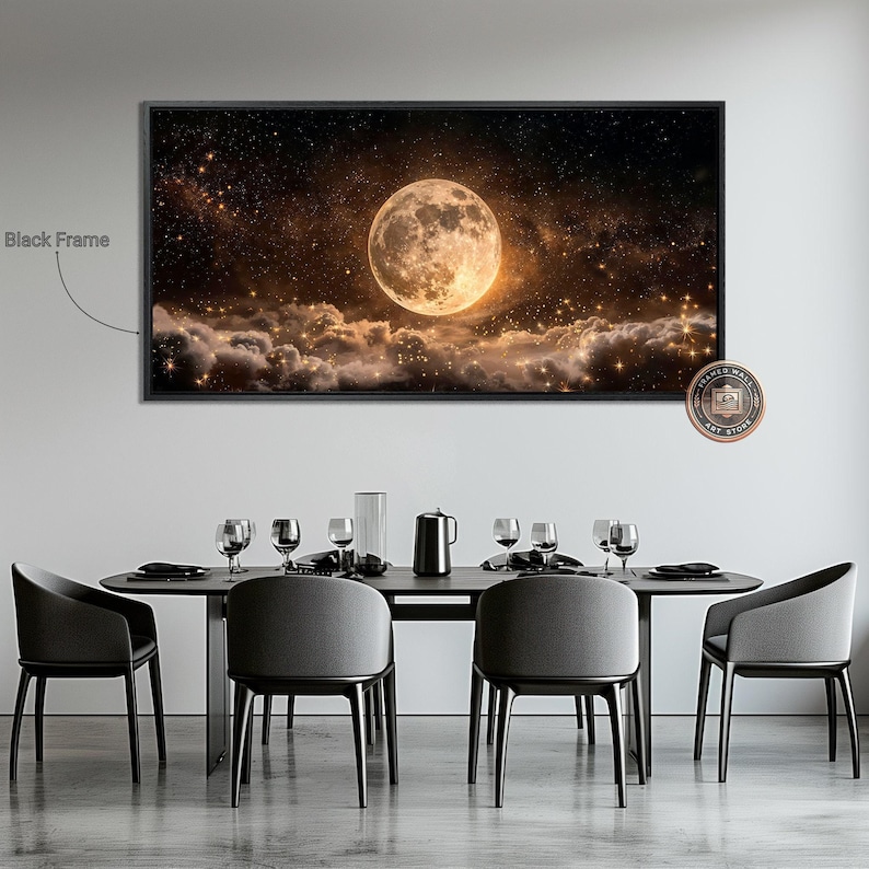 Luna llena en cielo estrellado nocturno, lienzo enmarcado, arte de pared, impresión enmarcada grande celestial, decoración de pared espacial, nubes oscuras, obra de arte ancha lista para colgar imagen 1
