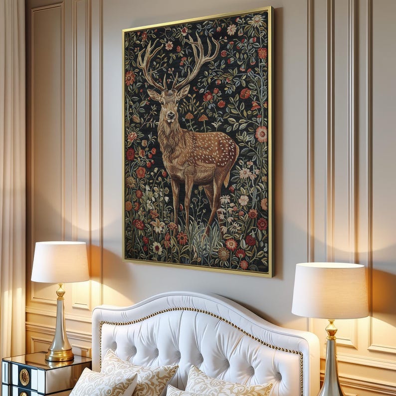Majestic Stag in Stunning Flowers - Framed Canvas Print, Bohemian Floral Canvas Wall Art, Elegant Deer - Wildlife Wall Decor, Ready to Hang Yellow Gold Frame