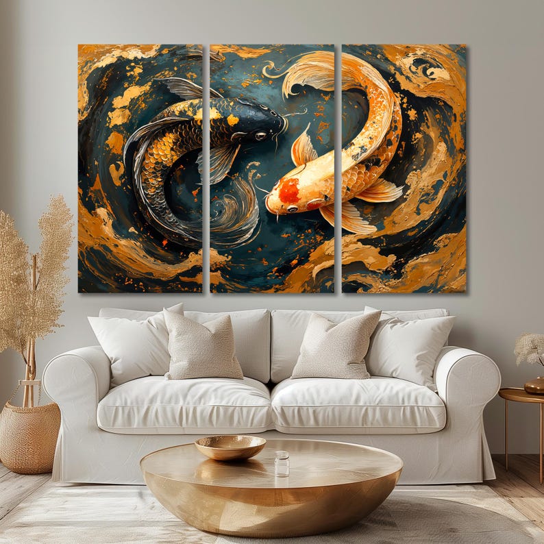 Japanese Koi Fish Framed Canvas Wall Art Yin Yang Painting Print ...