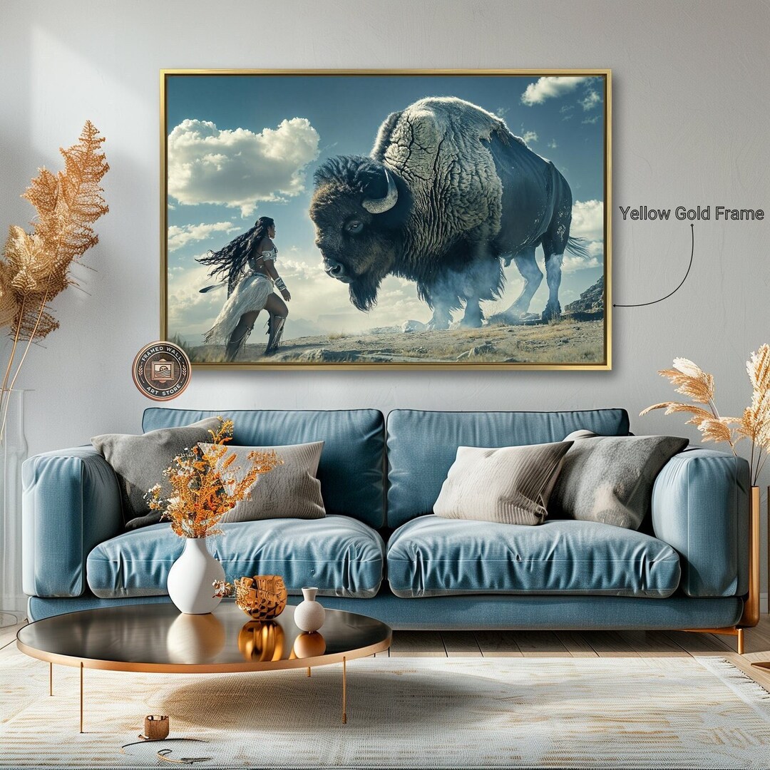 Woman Warrior With Buffalo Framed Canvas Wall Art Native American Girl ...