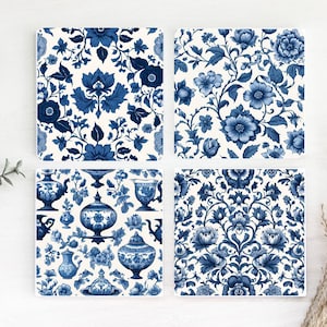 Delft Blue Style Coaster Set 2 Hardboard Back (Square) 4PK Decorative Housewarming Gift Hostess Gift Blue White Kitchen Chinoiserie