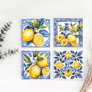 Lemon Delft Blue Style Coaster Set Hardboard Back (Square) 4PK Decorative Housewarming Gift Hostess Gift Blue White Kitchen Chinoiserie