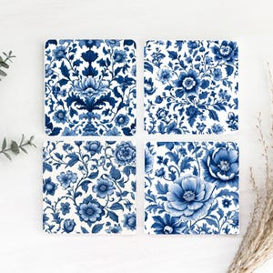Delft Blue Style Coaster Set 1 Hardboard Back 4PK Decorative Housewarming Gift Hostess Gift Blue White Pattern Chinoiserie Tea Lover Gift