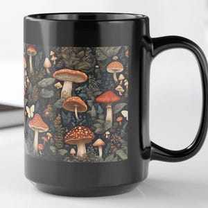 Botanische paddenstoelmok betoverd bos - Zwarte keramische koffie- en theeliefhebbers, liefhebbers van paddenstoelenkoffie, gezellige paddenstoelenmok, paddenstoelenliefhebber