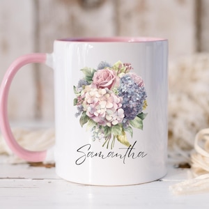 Pink Hydrangea Coffee Mug, Cottagecore Floral Mug, Hydrangeas Name Mug, Grand Millennial, Cottage Garden Gift, Cape Cod, Nantucket, Vintage