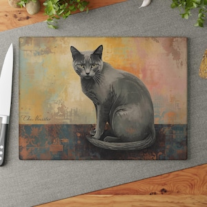 Gray Cat Illustration Glass Cutting Board | Vintage Style Kitchen Decor