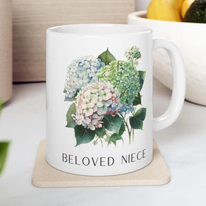 Ceramiczny kubek z motywem kwiatów hortensji, specjalny prezent dla dorosłych, prezent dla siostrzenicy, prezent urodzinowy na Boże Narodzenie, kubek dla ukochanej siostrzenicy, kubek na dzień matki, opcja personalizacji