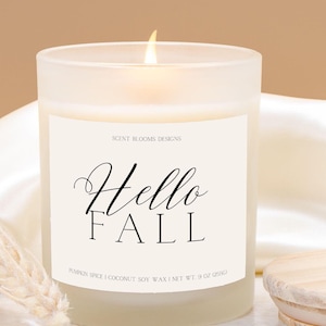 Hello Fall Pumpkin Spice Scented Candle Cozy Smell of Fall Gifts Hostess Gift Thanksgiving Coconut Soy Candles Wood Wick Pumpkin Candle
