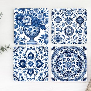 Delft Blue Style Coaster Set 5 Hardboard Back (Square) 4PK Decorative Housewarming Gift Hostess Gift Blue White Kitchen Chinoiserie