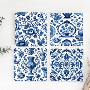 Delft Blue Style Coaster Set 3 Hardboard Back (Square) 4PK Decorative Housewarming Gift Hostess Gift Blue White Pattern Chinoiserie