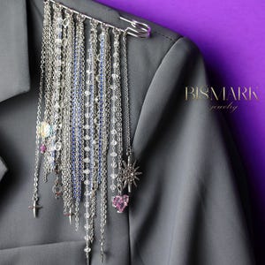 Gothic Chain Brooch - Silver Safety Pin with Charms - Punk Statement Jewelry - Layered Chains & Celestial Accents for Jackets, Coats