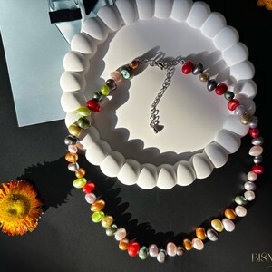 Gold Choker Necklace with Multicolored Natural Freshwater Pearls – Handmade, Adjustable,  Jewelry Gift