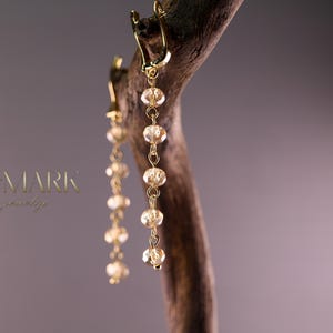 Gold Crystal Dangle Earrings – Long Drop Earrings with Faceted Glass Beads, Elegant Minimalist Jewelry for Women, Lightweight Handmade Gift