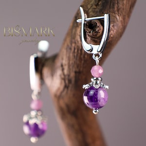 Sterling Silver Amethyst Drop Earrings - Natural Faceted & Smooth Amethyst - Handmade Gemstone Jewelry - Elegant Gift for Her