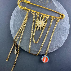 Gold Safety Pin Brooch with Chains – Celestial Star and Crystal Beads, Gothic Punk Pin, Statement Gold Brooch, Layered Chain Pin