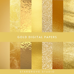 May include: A set of 10 digital papers featuring various gold textures, including crumpled foil, glitter, and metallic finishes. The papers are perfect for adding a touch of luxury to your digital designs.