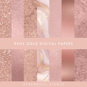 May include: A set of 10 digital papers featuring rose gold textures. The papers include glitter, foil, marble, and brushed metal finishes.  Rose Gold Digital Papers by Stargrove Studio.