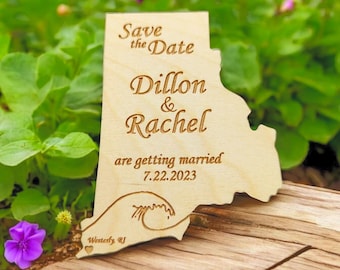 State shaped engraved wood save the date invitations