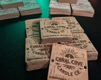 50 Cork Fabric Labels with your logo and design. Great for branding hats, beanies, plushies, quilts, dog bandanas and other fine crafts.