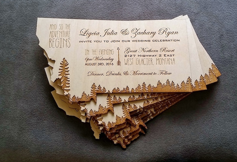 State shaped engraved wooden save the date invitations image 5