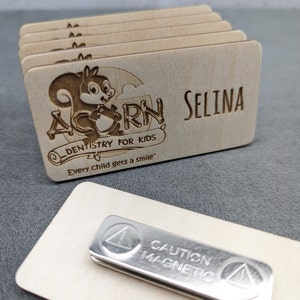 Engraved Wood Name Badges with Magnetic or Pin fasteners