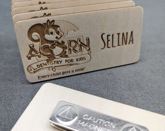 Engraved Wood Name Badges with Magnetic or Pin fasteners