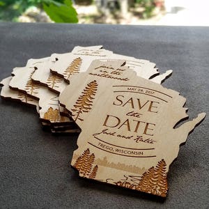 State shaped engraved wooden save the date invitations image 2